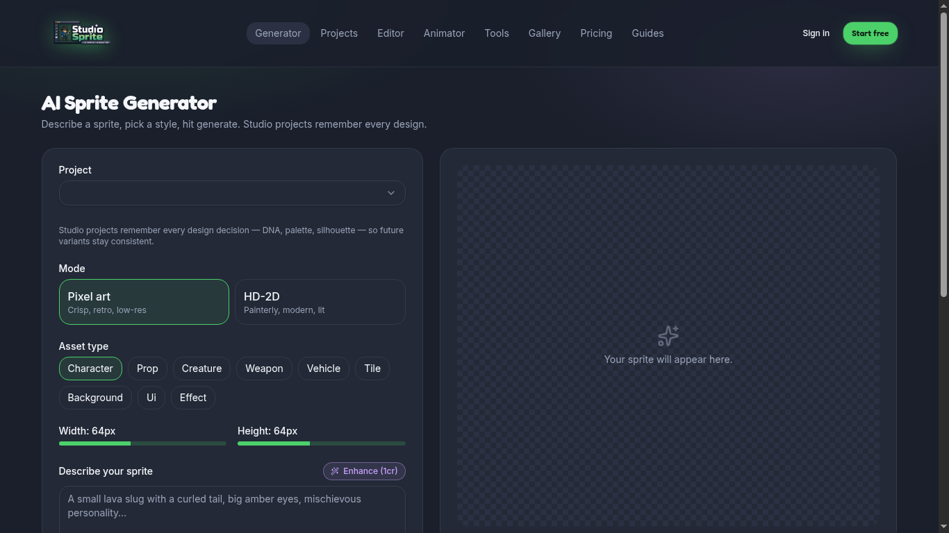 The StudioSprite AI Generator interface showing project picker, mode toggle, prompt box, and Generate button.